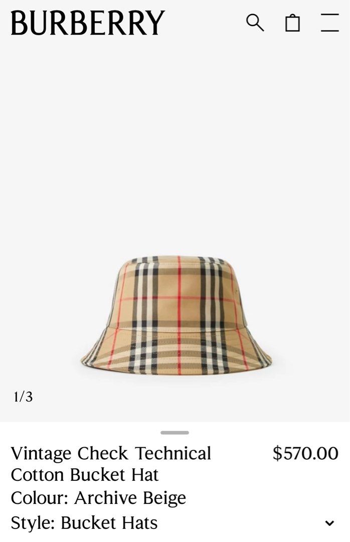 Burberry Vintage Check Technical Cotton Bucket Hat, Luxury  display picture 3