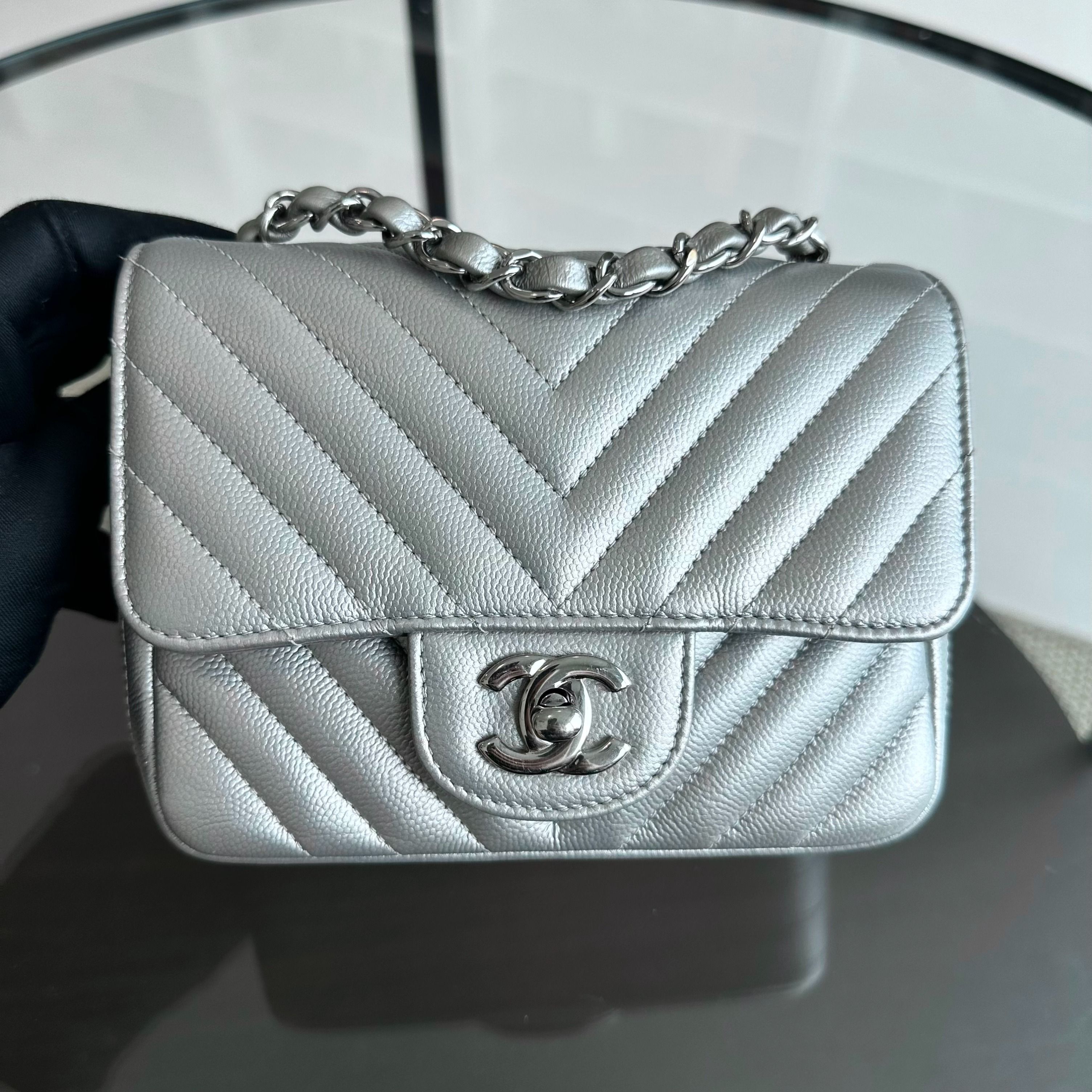 Caviar Chanel Caviar Mini Square Chevron Classic Flap Metallic Silver No 22 Luxury Bags Wallets on Carousell