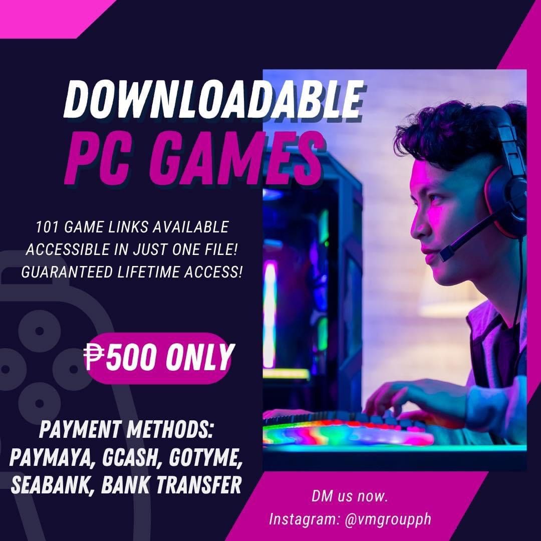 Downloadable PC games (Category: Others) located in Marikina City. Submitted by brandedluxuryalternativesph (Listing ID 1291435423, Image 1). Description: Unlock endless entertainment with a LIFETIME ACCESS to downloadable PC games, all for just ₱500 pesos! Dive into immersive worlds and enjoy endless gaming from the comfort of your own home. DM us for inquiries..