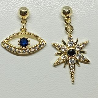 Evil Eye Dangling Earrings with blue sapphire, black tourmaline & moissanite stone. 18K Gold plated platinum metal.