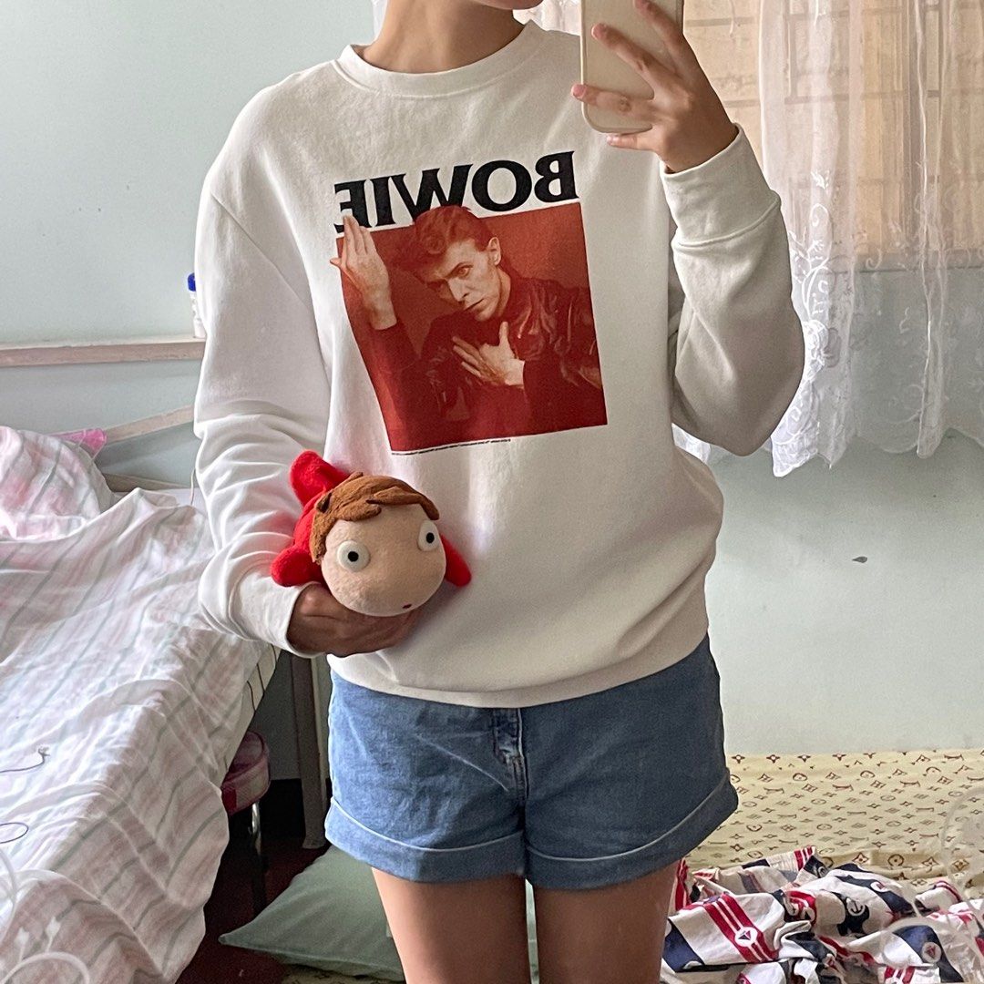 H M White David Bowie Sweater Women s Fashion Coats Jackets and Outerwear on Carousell