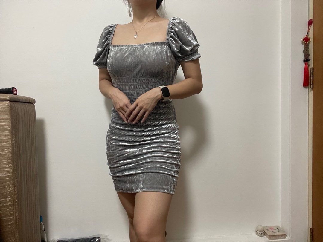 h&m silver dress Women's Silver-coloured Gathered bodycon 13 1/2 Length H&M Silver mini dress, Women's
