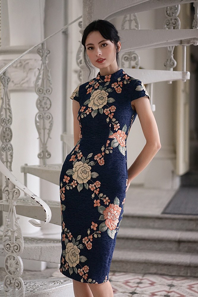 MDS Jacquard Cheongsam Dress in Midnight Floral XS Women s Fashion Dresses Sets Dresses on Carousell