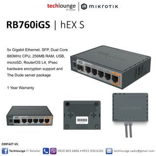 MIKROTIK RB760IGS - hEX S 5x Gigabit Ethernet, SFP, Dual Core 880MHz CPU, 256MB RAM, USB, microSD, RouterOS L4