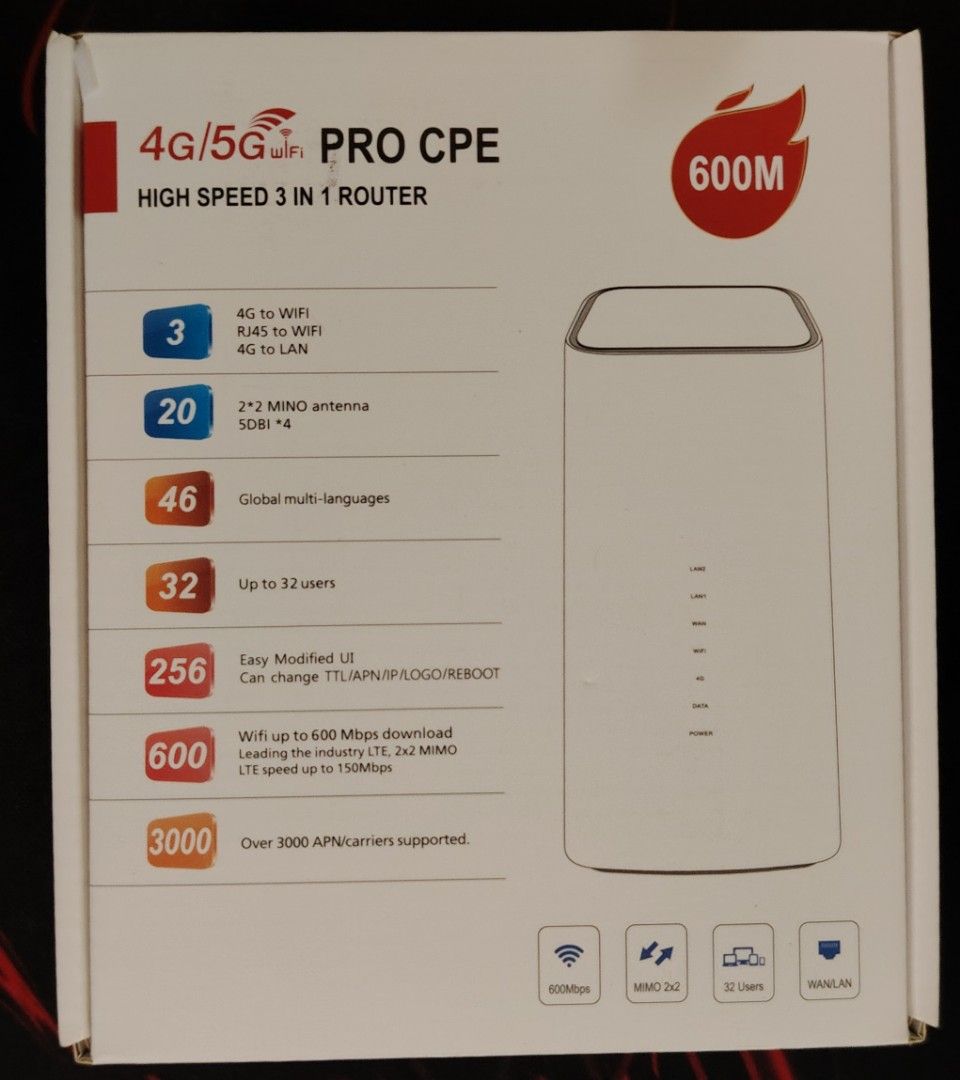 Modified 4G LTE CPE Router Modem BYPASS Unlocked (Category: Office & Business Technology) located in Petaling Jaya. Submitted by grandfish.5ea541 (Listing ID 1291530687, Image 1). Description: HUAWEI Modified router suitable for All unlimited Data Plan in Malaysia. 100% New product Support 4G/5G LTE network & 3G network. Support maximum up to 800mbps. Support WIFI working distance 200meter. Support 5units TVbox can play video in the same time. Su