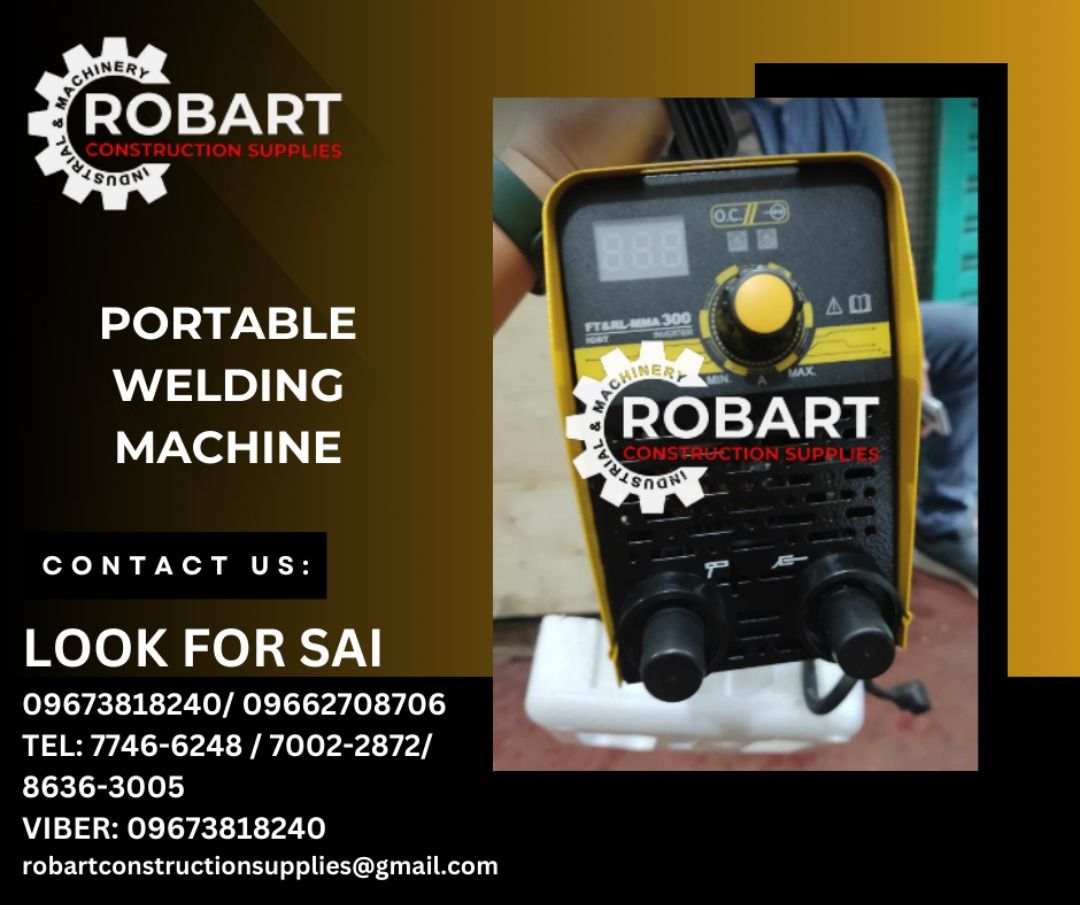 Portable Welding Machine (Category: Construction Tools & Equipment) located in Manila. Submitted by robartehm (Listing ID 1291418525, Image 1). Description: Portable Welding Machine Capacity: 300A Brand: FUJIMA ROBART CONSTRUCTION SUPPLIES For inquiries: For FAST TRANSACTION: Sai Robart - 09673818240 / 09662708706 Vbr: Robart Sai - 09673818240 sairobart3@gmail. com Office Address: 1405 Yuseco St. Sta. Cruz Manila 7746-6248 , 7216-7605 ,7002-2872,