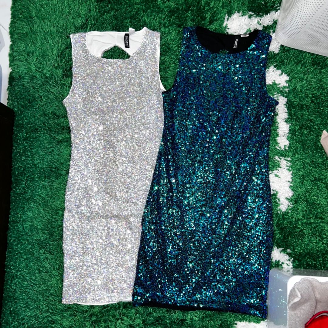 SWIFTIES H&M SEQUIN DRESS SILVER & OCEAN EACH EVENING PROM XXS, Women's  Fashion, Dresses & Sets, Dresses on Carousell