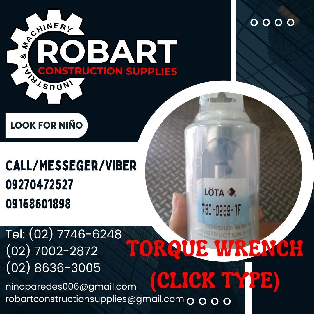 TORQUE WRENCH (CLICK TYPE) (Category: Construction Tools & Equipment) located in Manila. Submitted by ninoparede24925 (Listing ID 1291443203, Image 1). Description: TORQUE WRENCH (CLICK TYPE) Code: 790-0269-F Brand: Lota Size: 1/4 Square Drive x 11.1 - 50.9in/lbs (1 - 6NM) - - FOR INQUIRES: 𝓟𝓵𝓮𝓪𝓼𝓮 𝓬𝓪𝓵𝓵 :09270472527 09168601898 Look for:Niño Paredes Tel: (02) 7746-6248 (02) 7002-2872 (02) 8636-3005 𝑴𝒂𝒏𝒊𝒍𝒂 𝑶𝒇𝒇𝒊𝒄𝒆: 1405 𝒀𝒖𝒔�