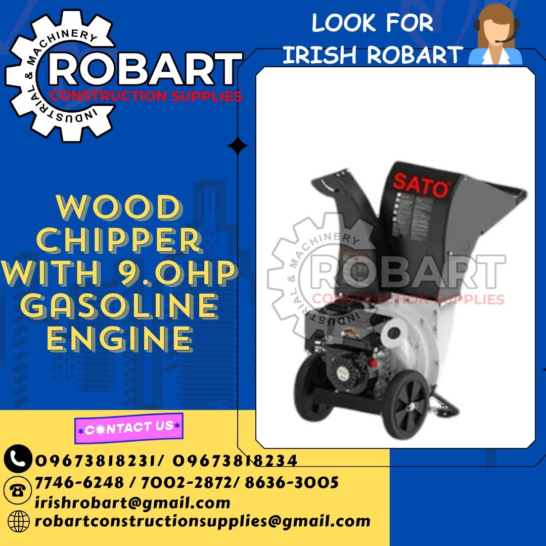 Wood Chipper with 9.0HP Gasoline Engine (Category: Construction Tools & Equipment) located in Manila. Submitted by irishrobart_22 (Listing ID 1291412164, Image 1). Description: Wood Chipper with 9.0HP Gasoline Engine Model SPY-8 Max. Speed (rpm) 3600 Start Type Recoil Displacement (cc) 270 Walk or Pull Walk Max. Cutting Thickness Diameter (in) 3 Dimension (in) 42 x 22 x 42 Tire Size (in) 12 Low oil shut down Yes Material Type Solid Heavy Gauge St