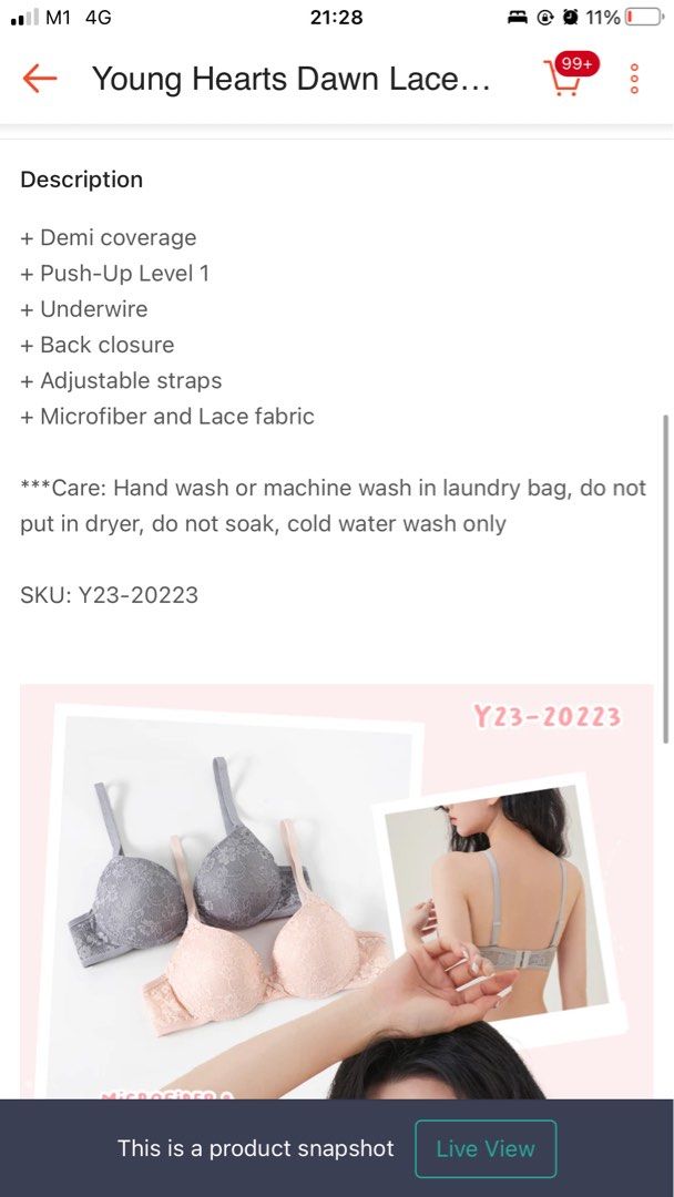 Young Hearts Dawn Lace Push Up 3/4 Demi Bra Y23-20223, Women's Fashion, New  Undergarments & Loungewear on Carousell