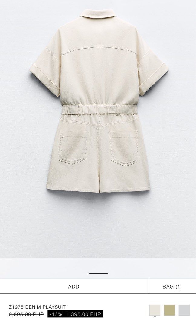 Zara White Cream Denim Playsuit (Category: Rompers) located in Quezon City. Submitted by princessbtsta (Listing ID 1291508434, Image 3). Description: Size small Fits waist 26-27 Used twice only Can send detailed photos upon buyer’s request.