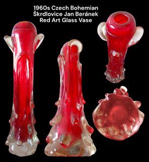 1960s Czech Bohemian Skrdlovice Jan Beranek Red Art Glass Vase