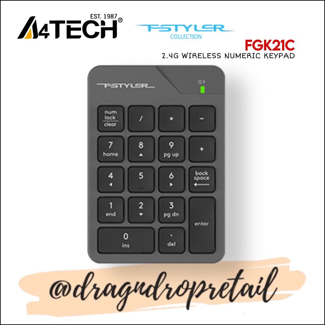 A4TECH FSTYLER FGK21C 2.4G Wireless Numeric Keypad Rechargeable Numpad (Category: Computer Keyboard) located in Quezon City. Submitted by dragndropretail (Listing ID 1291699353, Image 3). Description: BRAND NEW & ORIGINAL WITH 1 YEAR SERVICE WARRANTY / WITH RETURN & REFUND POLICY ══════ ⋆★⋆ ══════ HIGHLIGHTS: 2.4GHz Wireless Auto-Channel Sort Numeric Keypad Ultra-Slim Keycaps Backspace Key USB Type-C Charging Cable SPECIFICATIONS Keycap: Low-Prof
