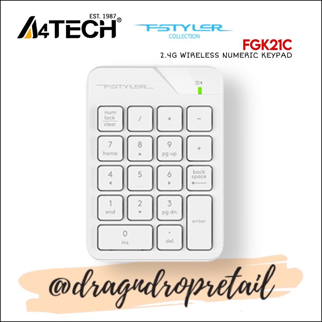 A4TECH FSTYLER FGK21C 2.4G Wireless Numeric Keypad Rechargeable Numpad (Category: Computer Keyboard) located in Quezon City. Submitted by dragndropretail (Listing ID 1291699353, Image 2). Description: BRAND NEW & ORIGINAL WITH 1 YEAR SERVICE WARRANTY / WITH RETURN & REFUND POLICY ══════ ⋆★⋆ ══════ HIGHLIGHTS: 2.4GHz Wireless Auto-Channel Sort Numeric Keypad Ultra-Slim Keycaps Backspace Key USB Type-C Charging Cable SPECIFICATIONS Keycap: Low-Prof