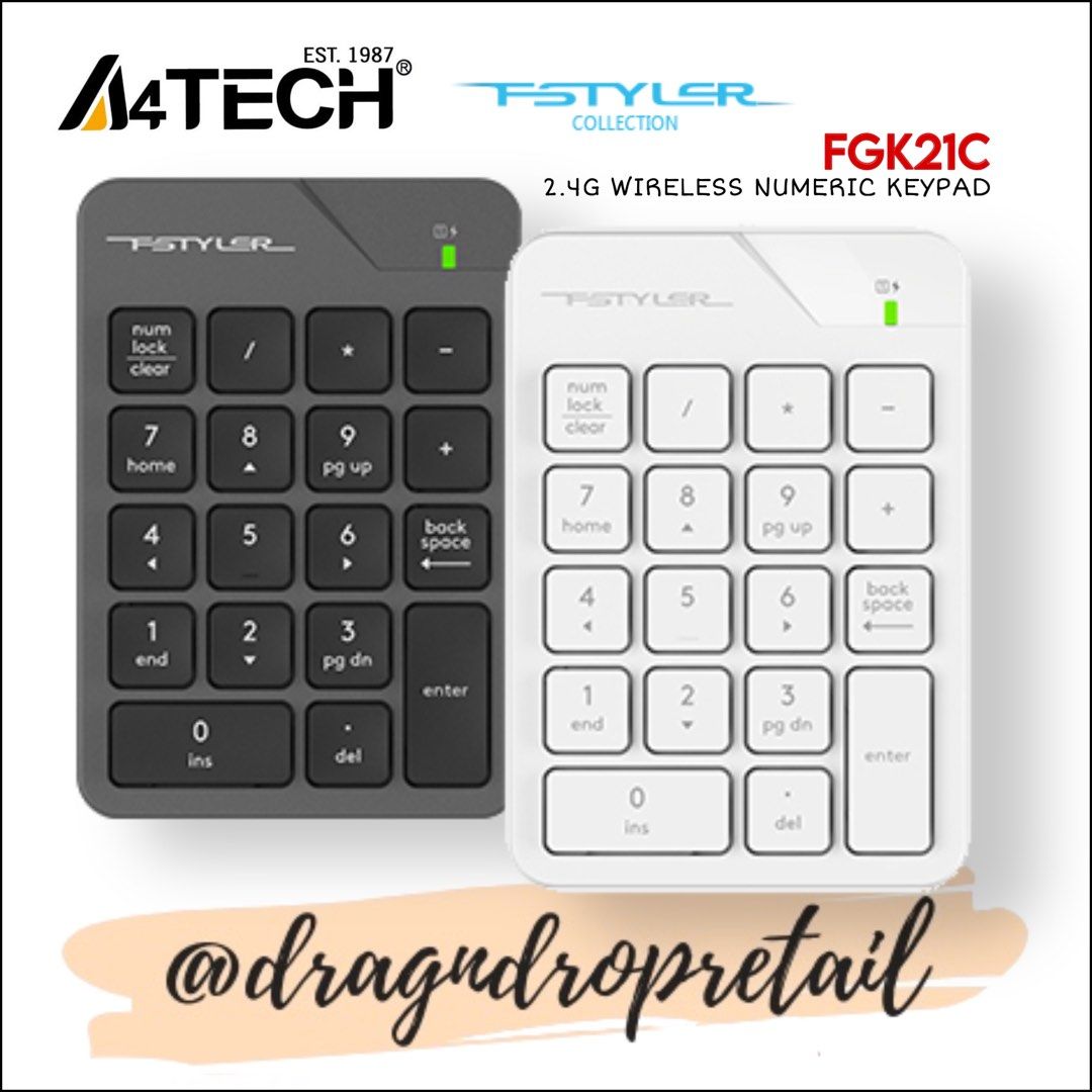 A4TECH FSTYLER FGK21C 2.4G Wireless Numeric Keypad Rechargeable Numpad (Category: Computer Keyboard) located in Quezon City. Submitted by dragndropretail (Listing ID 1291699353, Image 1). Description: BRAND NEW & ORIGINAL WITH 1 YEAR SERVICE WARRANTY / WITH RETURN & REFUND POLICY ══════ ⋆★⋆ ══════ HIGHLIGHTS: 2.4GHz Wireless Auto-Channel Sort Numeric Keypad Ultra-Slim Keycaps Backspace Key USB Type-C Charging Cable SPECIFICATIONS Keycap: Low-Prof
