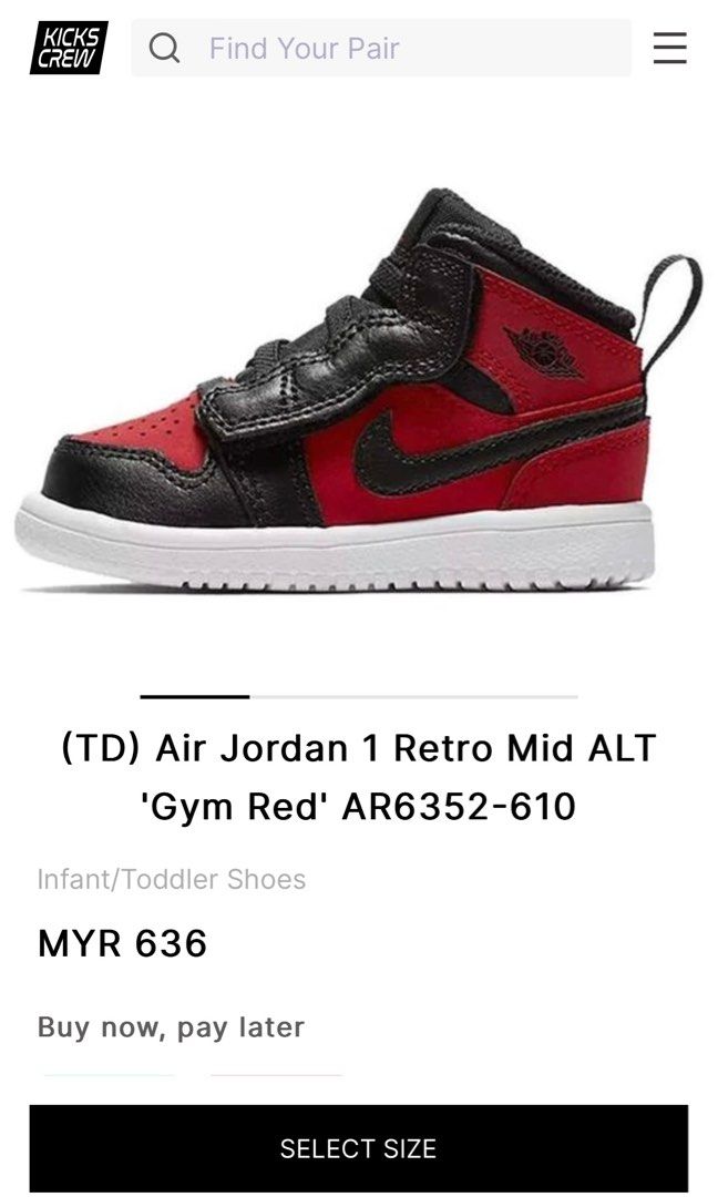Air Jordan 1 Retro Mid ALT Gym Red Velcro Infant UK8.5 Babies
