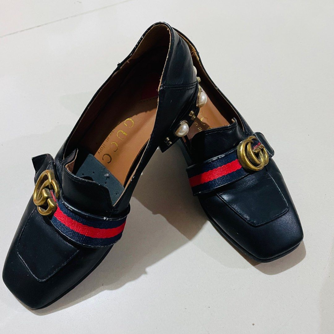 Authentic Gucci Black Leather Faux Pearl Payton Marmont Mid heel loafers