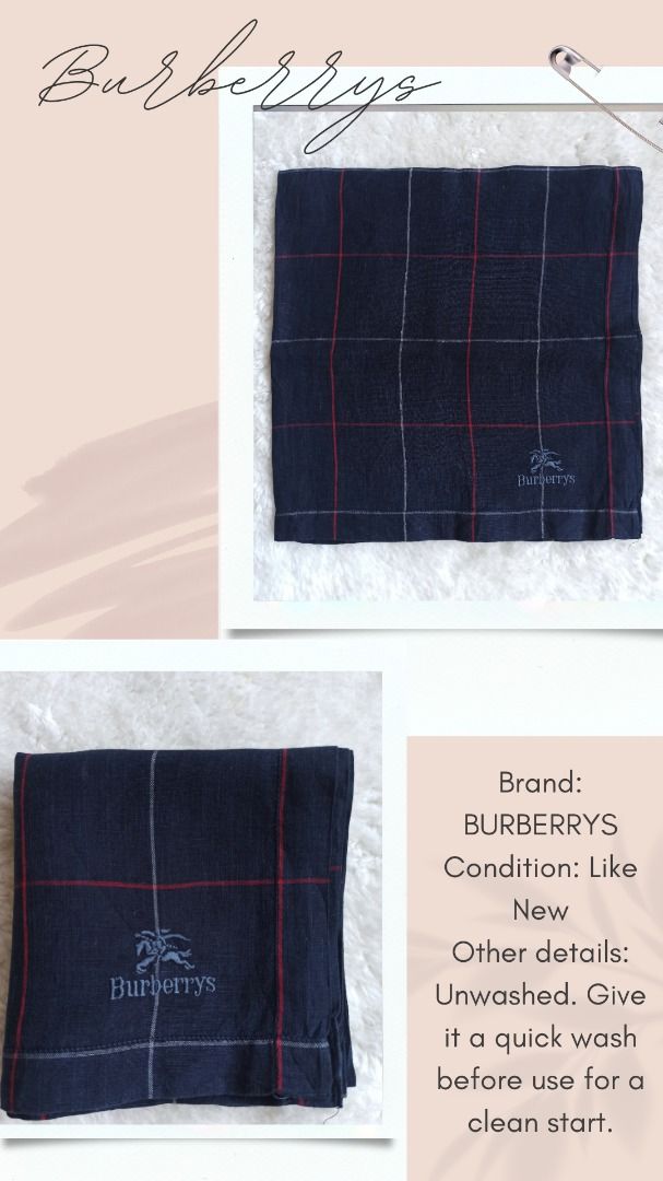 Burberrys unisex hanky (Category: Luxury Accessories) located in Mati. Submitted by surkayconsumergoodstraiding (Listing ID 1291659434, Image 1). Description: Burberrys handkerchief. Unisex From Japan box. buy 3 handkerchiefs to get 1 free scarf. Embriode brand name and logo With its dark color, this hanky is ideal as stains or dirt won't be easily visible, ensuring a neat appearance even after multiple uses..