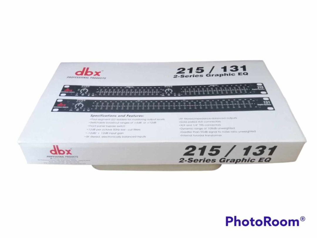 DBX 215/131 GRAPHIC EQUALIZER (Category: Other Audio Equipment) located in Malabon City. Submitted by susan.maroga (Listing ID 1291629722, Image 1). Description: Two 15-band, 2/3-octave Constant Q frequency bands Switchable boost/cut ranges of ±6 or ±12dB 12dB per octave, 3dB down @ 50Hz low-cut filter Front panel bypass switch ±12 dB input gain range 4-segment LED ladders for monitoring output levels XLR and TRS Inputs and Outputs Internal Toroi