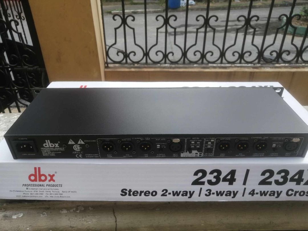 DBX 234XL 2way/3way/4way Crossover Equalizer (Category: Other Audio Equipment) located in Malabon City. Submitted by susan.maroga (Listing ID 1291629878, Image 1). Description: DBX 234XS Stereo 2/3 Way, Mono 4 Way Crossover Equalizer with XLR Connectors(black) 1. Dual channel crossover 2. Linkwitz-Riley 24db per octave filters 3. Independent output gain control for leveling matching 4. Output phase inversion 5. 40hz low cut filtert 6. Optional mo