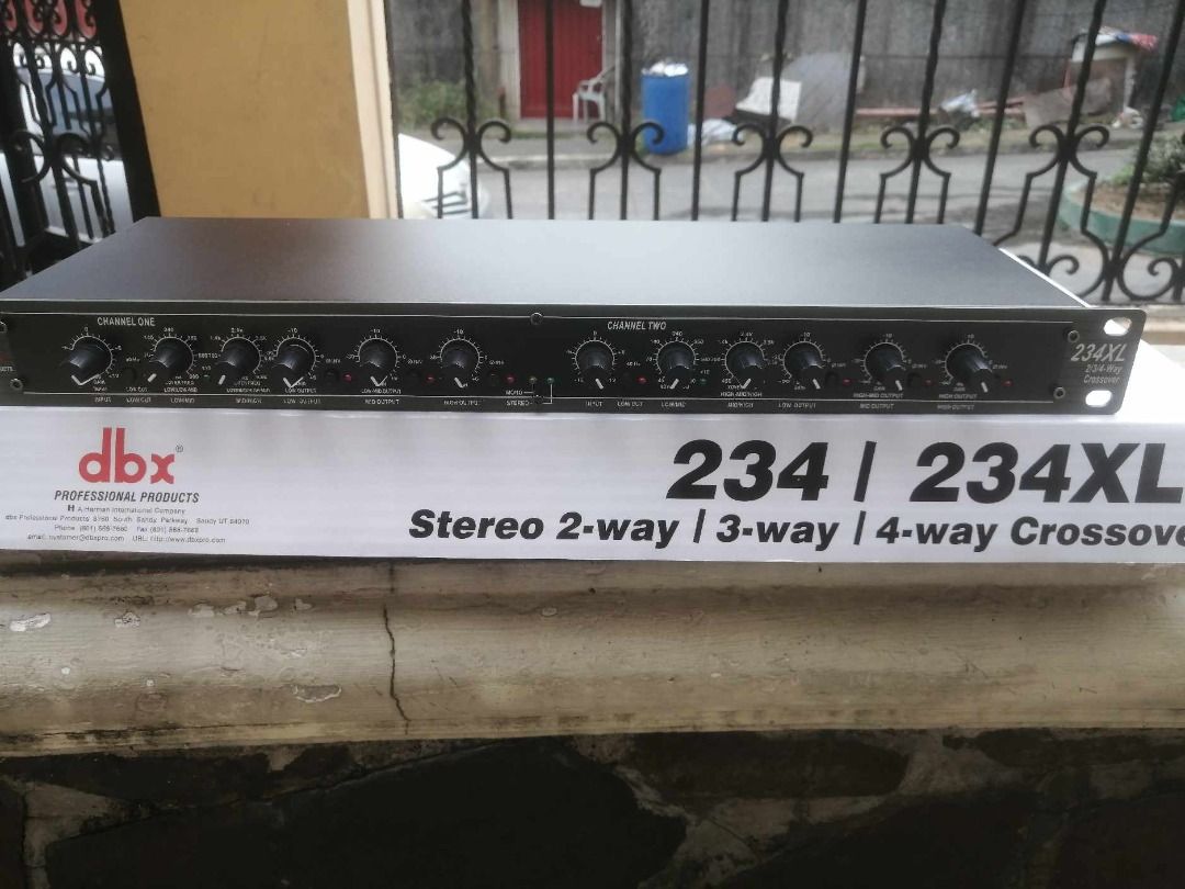DBX 234XL 2way/3way/4way Crossover Equalizer (Category: Other Audio Equipment) located in Malabon City. Submitted by susan.maroga (Listing ID 1291629878, Image 2). Description: DBX 234XS Stereo 2/3 Way, Mono 4 Way Crossover Equalizer with XLR Connectors(black) 1. Dual channel crossover 2. Linkwitz-Riley 24db per octave filters 3. Independent output gain control for leveling matching 4. Output phase inversion 5. 40hz low cut filtert 6. Optional mo