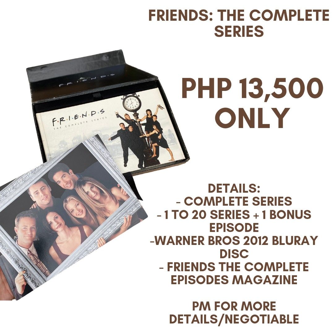 FRIENDS: THE COMPLETE SERIES BLURAY DISC (Category: CDs & DVDs) located in Cavite. Submitted by lifewithxhan.ph (Listing ID 1291622701, Image 1). Description: The box was slightly broken but the inside is perfectly fine. PM for more details and questions. ☺️🤍.