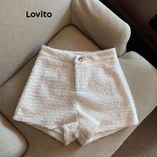 Lovito Women Button Zipper Basic Shorts (White)