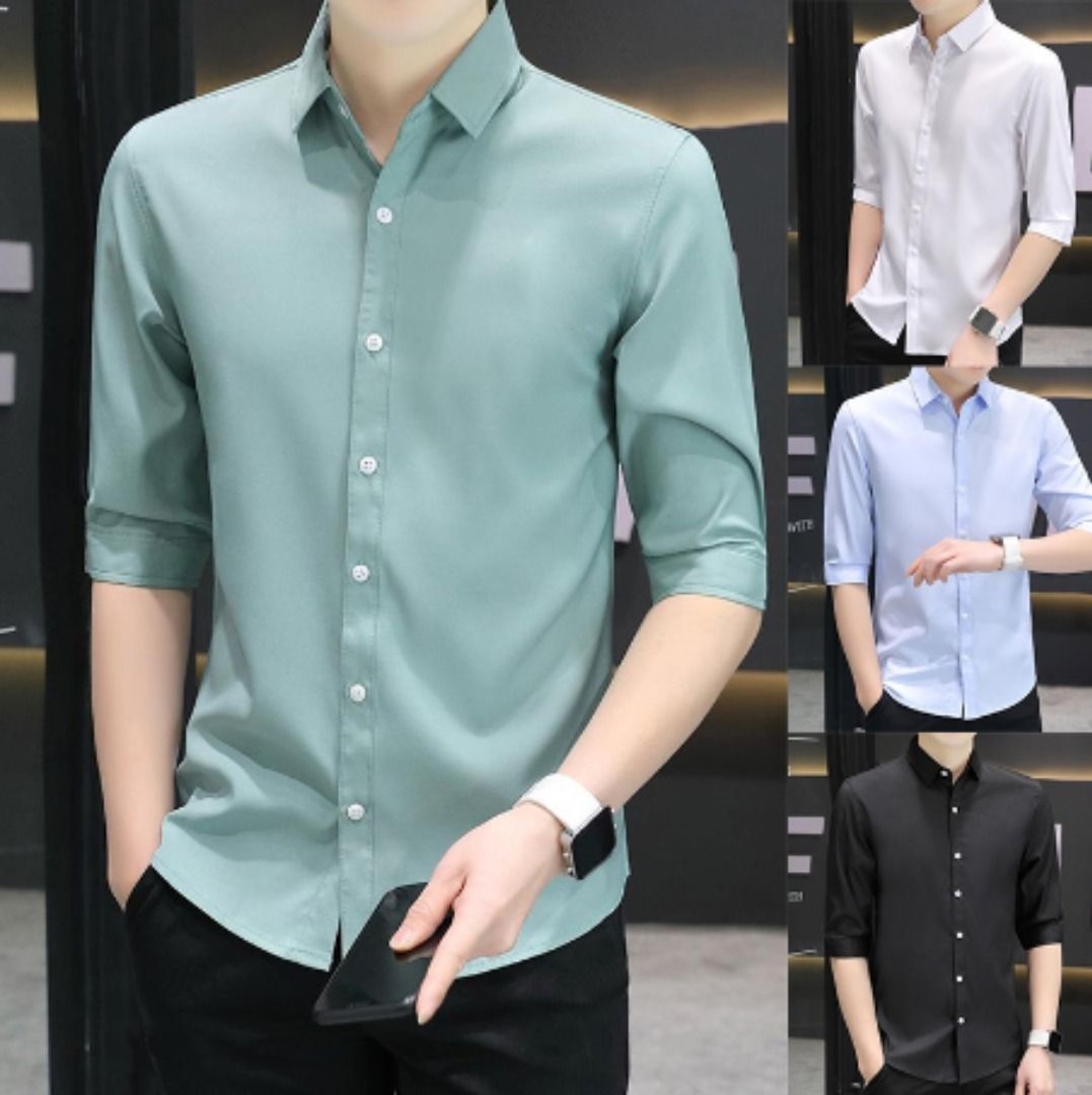 Men's Anti-Wrinkle Ice Silk Quick-Drying Solid Short Sleeve Business Shirt