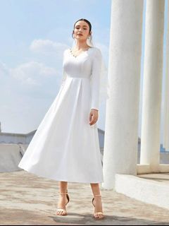 (M-L) Shein Bridal Civil Wedding Belle Scallop Trim Bow Back Fold Pleated Dress Without Veil