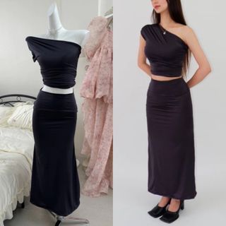 ❗️SALE❗️Most Elegant Dark Grey One side Off Shoulder Asymmetric Top and Maxi Long Skirt Coordinates Set