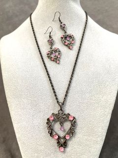 (New) Heart Earrings & Necklace Set w/ Pink & Purple Crystals