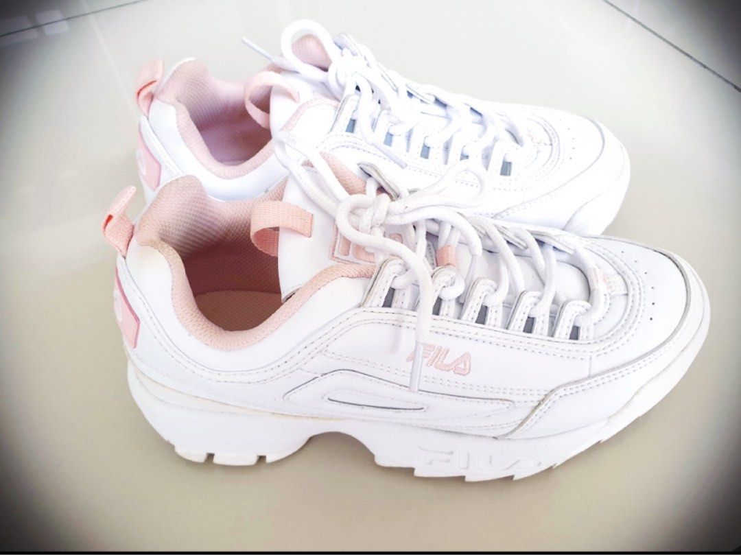 Pink and white fila sneakers sales