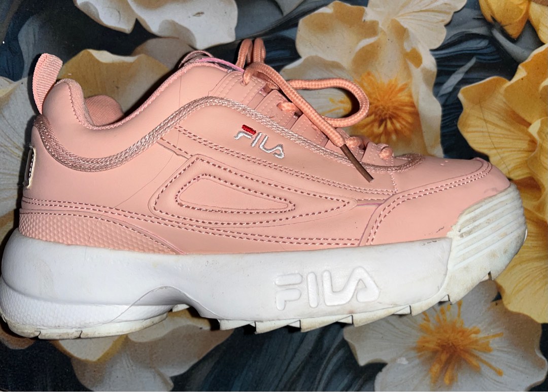 Pink glossy fila shoes on sale