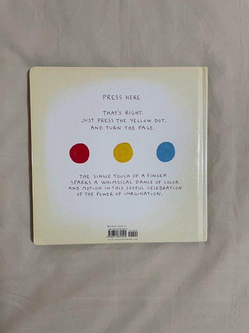 Press Here by Herve Tullet Hardcover Book (Category: Storybooks) located in Pasig City. Submitted by happyen (Listing ID 1291717662, Image 2). Description: Minor shelf wear on the cover Complete pages, no folds, no writings inside This hardcover version is P927 in fully booked.
