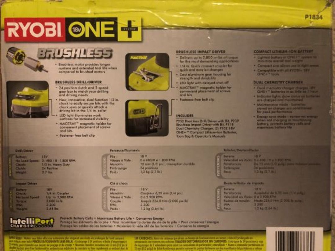 RYOBI P1834 18V BRUSHLESS Drill Driver Impact Kit includes 2pcs 1.3ah batteries 110v charger plus bag Brushless motor provides longer runtime more power and longer motor life Brand new in box. Commerc...
