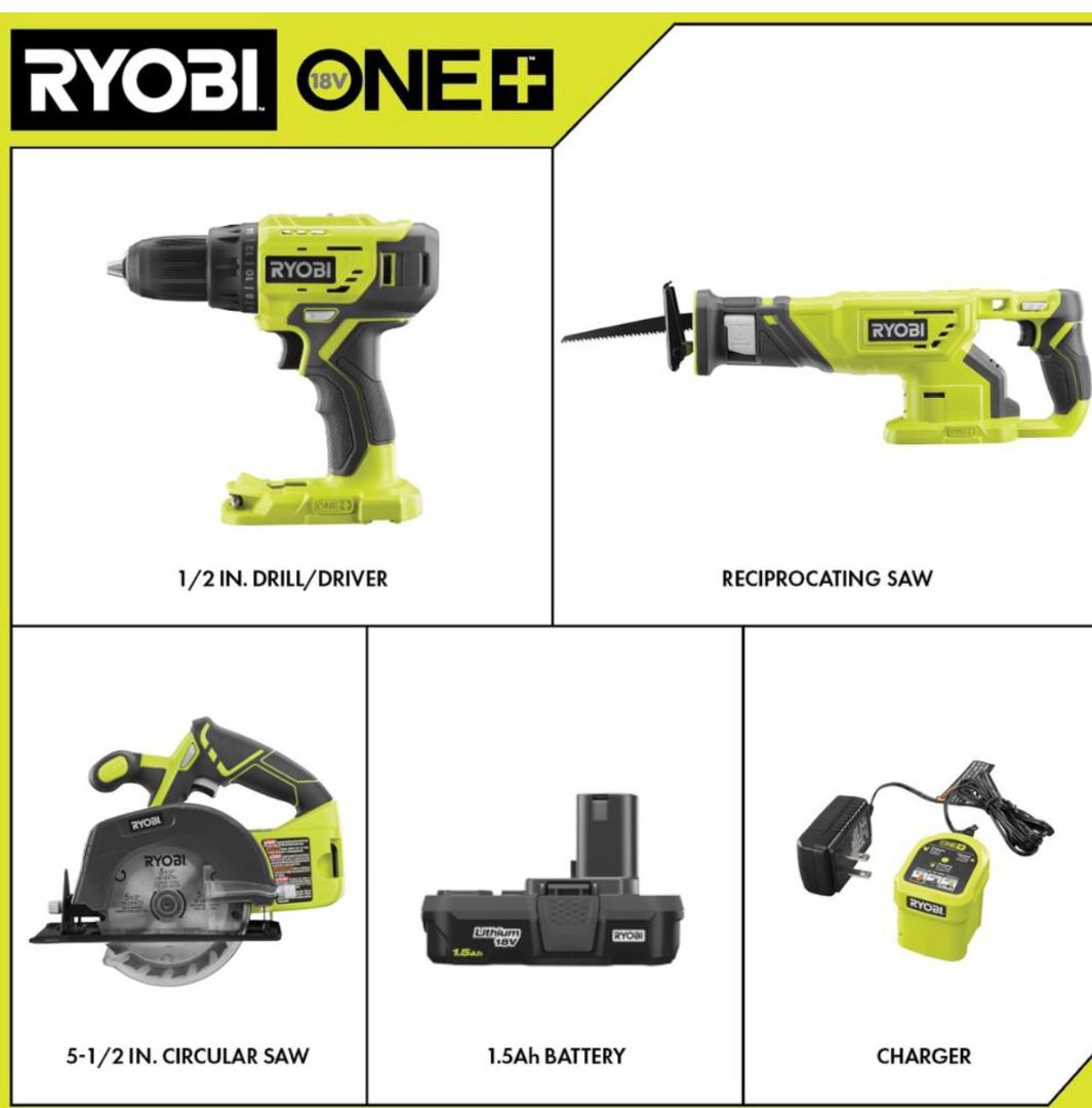 RYOBI PCK100K 18V Lithium Ion Cordless Combo Kit 3 Tool with 1 1.5 Ah Battery and