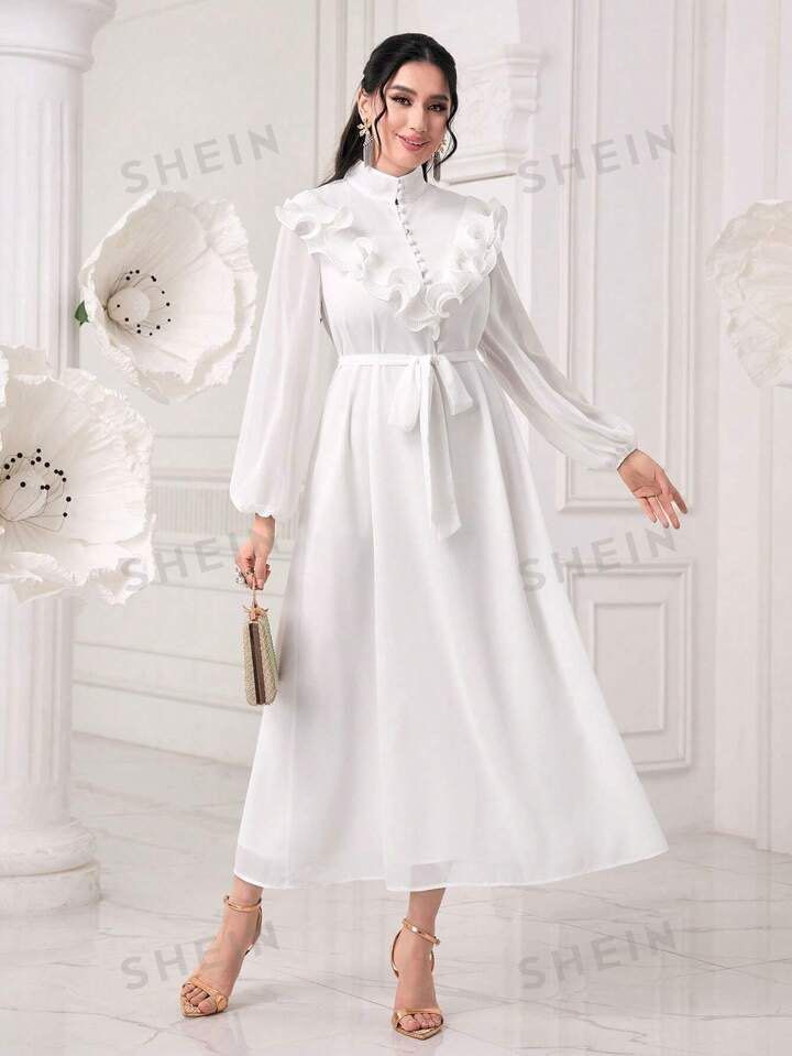 shein white formal dress with sleeves SHEIN Modelyn Elegant White Lace Slim Fit Long Dress For Women Long Ev |  Dress main image 0