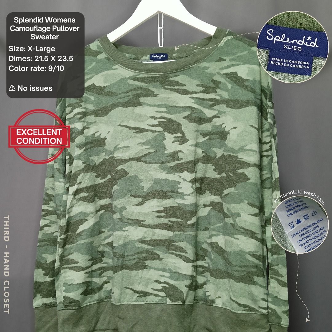 Splendid Camouflage Camou Pull Over Sweater Oversized Authentic Complete with Tags / Official Merch (Category: Coats, Jackets and Outerwear) located in Los Banos. Submitted by third-handcloset (Listing ID 1291706633, Image 1). Description: *** Best fit to Large This is the actual photo of the item. Color may vary due to lighting. Details are on the photo but feel free to DM if you have any question. Please follow our other pages for sale prices: 