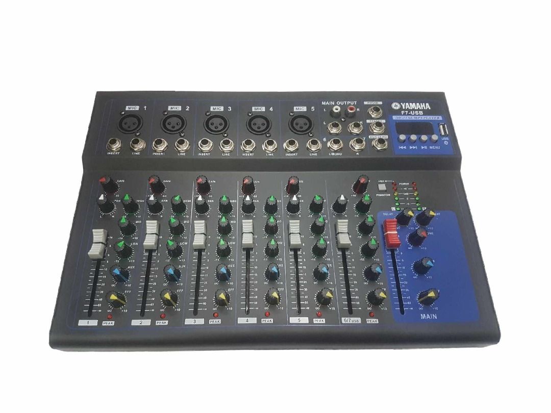 Yamaha F7 7-channel USB bluetooth mixer (Category: Other Audio Equipment) located in Malabon City. Submitted by susan.maroga (Listing ID 1291629382, Image 2). Description: Material: Acrylonitrile Butadiene Styrene (ABS) Color: Black Channel Mic/Line: 7 CH Power supply: 48V Common mode rejection ratio: >75dB Total Harmonic Distortion: 0.01% Frequency Response: 20Hz - 20KHz Signal-to-noise ratio: 80dB Microphone input level: +24dB Line input level:
