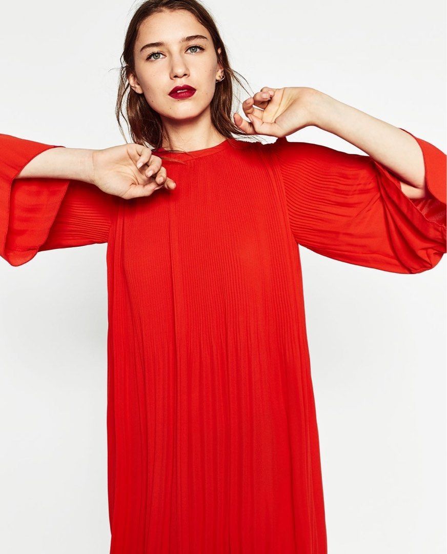 Zara pleated Red Dress bell sleeve flowy swing loose fit CNY