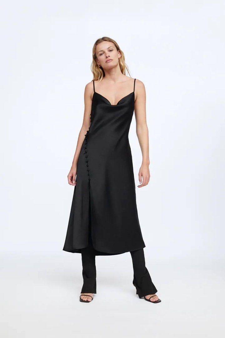 zara satin button dress SATIN EFFECT SHORT DRESS - Brown
