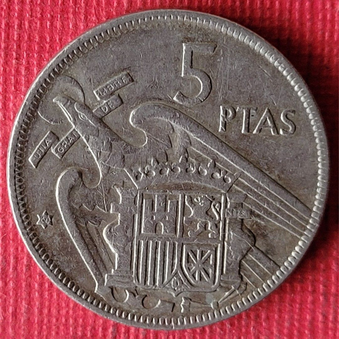 058西班牙1957年〔佛朗哥〕5 PTAS錢幣乙枚。（保真。美品）。, 書籍、休閒與玩具, 收藏、紀念品, 錢幣、紙鈔在旋轉拍賣