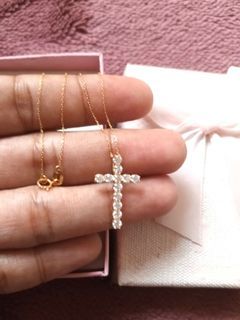 18k Gold Moissanite Cross Necklace , 18 inches