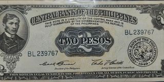 "2" two pesos English series 1961 Banknote