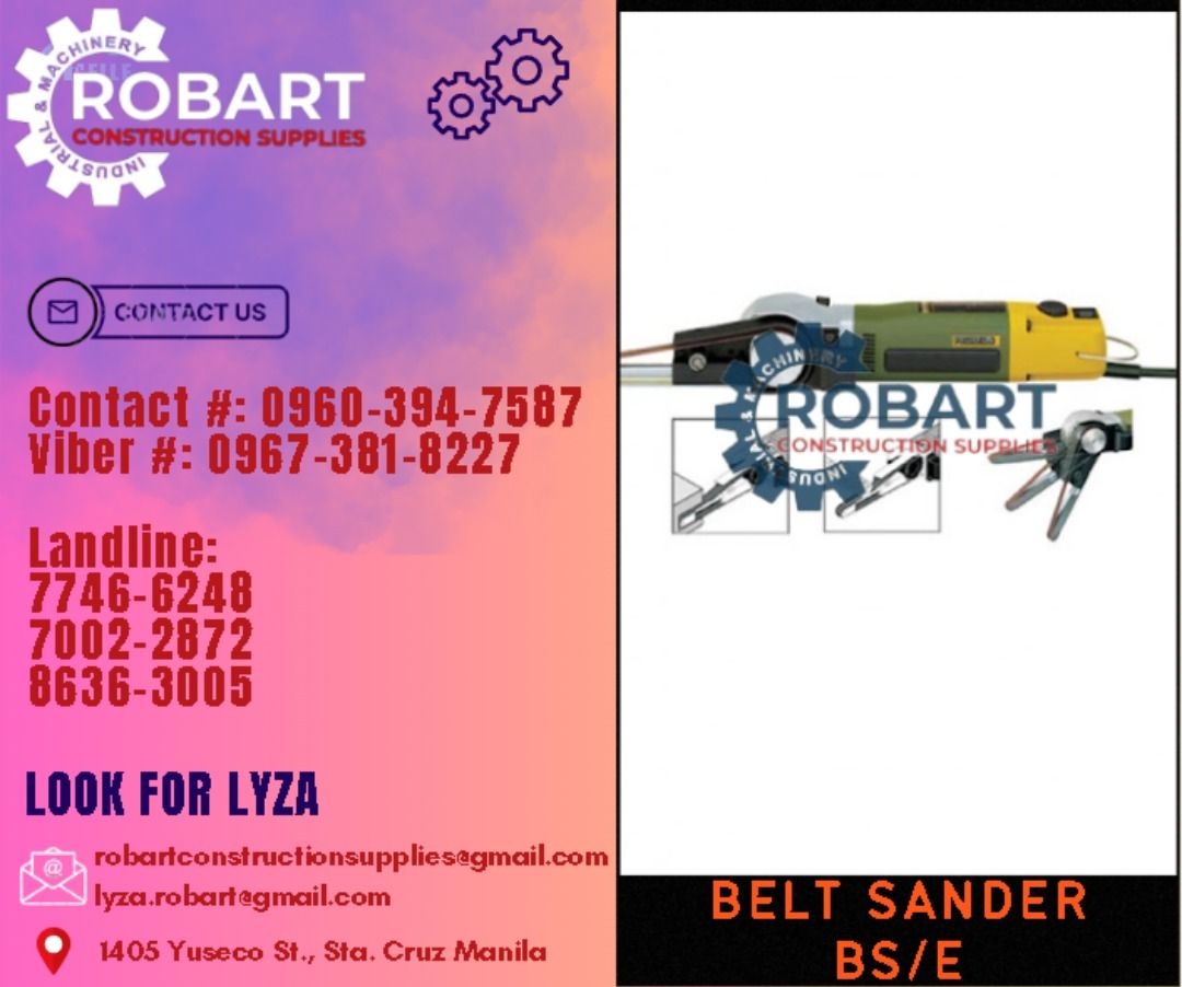 BELT SANDER (Category: Construction Tools & Equipment) located in Manila. Submitted by lyzarobart1999 (Listing ID 1291744050, Image 1). Description: BELT SANDER 220 volt 50 - 60hz. Power 100 watts, speed 225 - 450rpm Belt size 10 x 330mm 𝐒𝐄𝐍𝐃 𝐔𝐒 𝐌𝐄𝐒𝐒𝐀𝐆𝐄 𝐅𝐎𝐑 𝐈𝐍𝐐𝐔𝐈𝐑𝐈𝐄𝐒 ‼️ 0 9 6 7 3 8 1 8 2 2 7 0 9 6 0 3 9 4 7 5 8 7 𝐋𝐚𝐧𝐝𝐥𝐢𝐧𝐞 𝐍𝐮𝐦𝐛𝐞𝐫𝐬: 𝟕 𝟕 𝟒 𝟔 - 𝟔 𝟐 𝟒 𝟖 / 𝟕 𝟎 𝟎 𝟐 - 𝟐 𝟖 𝟕 𝟐 / 𝟖 𝟔 𝟑 𝟔 - 𝟑 𝟎 �
