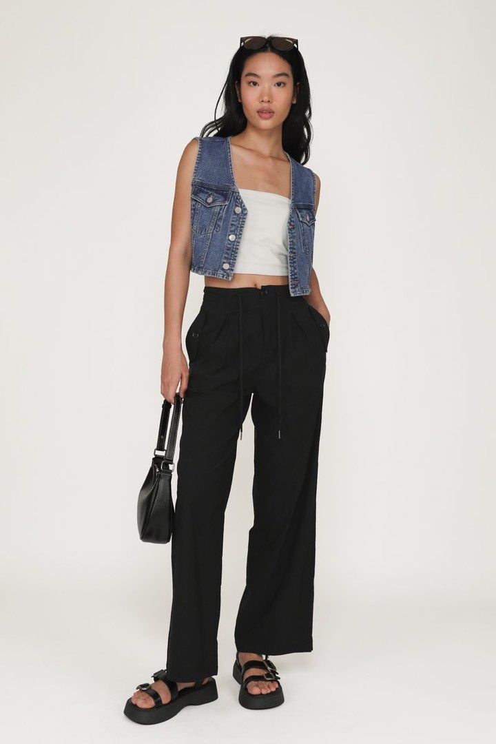 Carson Fold Over Waist Pants (Black)