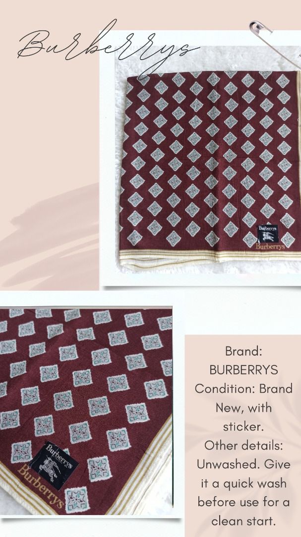 Burberrys Vintage hanky (Category: Luxury Accessories) located in Mati. Submitted by surkayconsumergoodstraiding (Listing ID 1291743357, Image 1). Description: Burberrys handkerchief. for men From Japan box. buy 3 handkerchiefs to get 1 free scarf. With its dark color, this hanky is ideal as stains or dirt won't be easily visible, ensuring a neat appearance even after multiple uses..