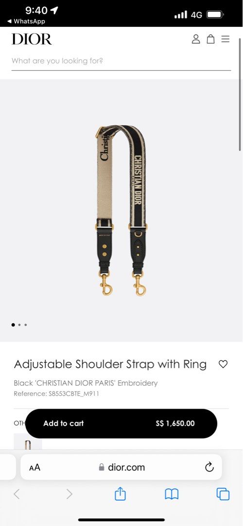 Adjustable Shoulder Strap with Ring Black Christian Dior Paris Embroidery