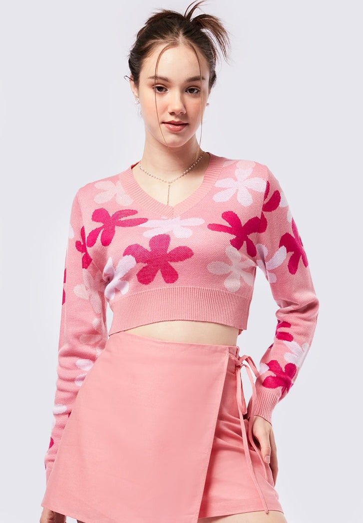 Colorbox Flowery Long Sleeve Crop Sweater