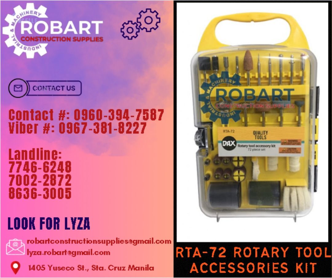 "DAX" ROTARY TOOL ACCESSORIES KIT (Category: Construction Tools & Equipment) located in Manila. Submitted by lyzarobart1999 (Listing ID 1291805459, Image 1). Description: "DAX" ROTARY TOOL ACCESSORIES KIT RTA-72 - 320.00 RTA-208 - 600.00 𝐒𝐄𝐍𝐃 𝐔𝐒 𝐌𝐄𝐒𝐒𝐀𝐆𝐄 𝐅𝐎𝐑 𝐈𝐍𝐐𝐔𝐈𝐑𝐈𝐄𝐒 ‼️ 0 9 6 7 3 8 1 8 2 2 7 0 9 6 0 3 9 4 7 5 8 7 𝐋𝐚𝐧𝐝𝐥𝐢𝐧𝐞 𝐍𝐮𝐦𝐛𝐞𝐫𝐬: 𝟕 𝟕 𝟒 𝟔 - 𝟔 𝟐 𝟒 𝟖 / 𝟕 𝟎 𝟎 𝟐 - 𝟐 𝟖 𝟕 𝟐 / 𝟖 𝟔 𝟑 𝟔 - 𝟑 𝟎 �
